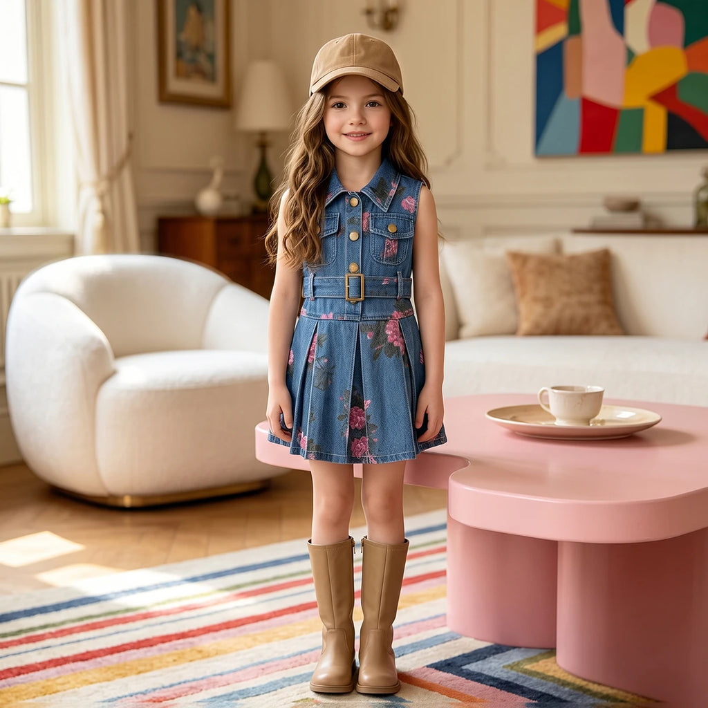 Girls Blue Floral Print Sleeveless Denim Dress Casual Dresses