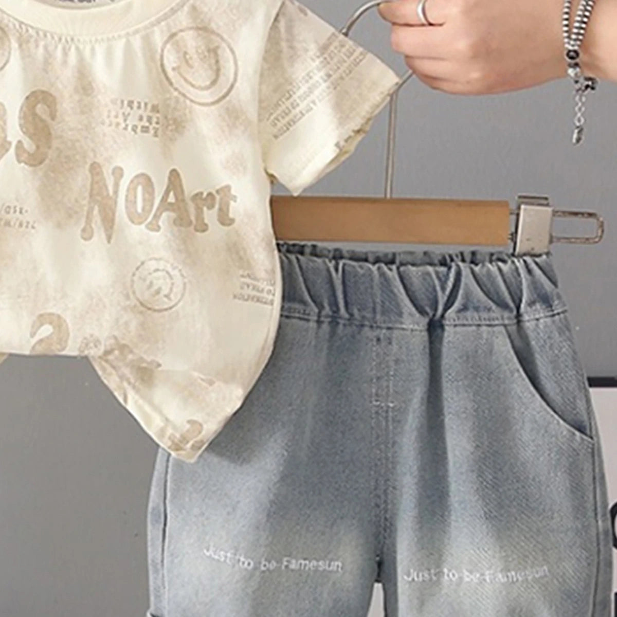 Boys Beige Typographic Printed Short Sleeve T-shirt With Denim Shorts Sets 2 pc. Sets