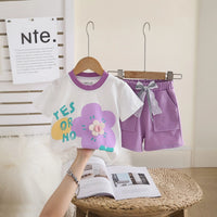 Girls Purple Floral Printed Short Sleeve T-Shirt With Elasticated Shorts Sets 2 pc. Sets Purple 1-2 Y