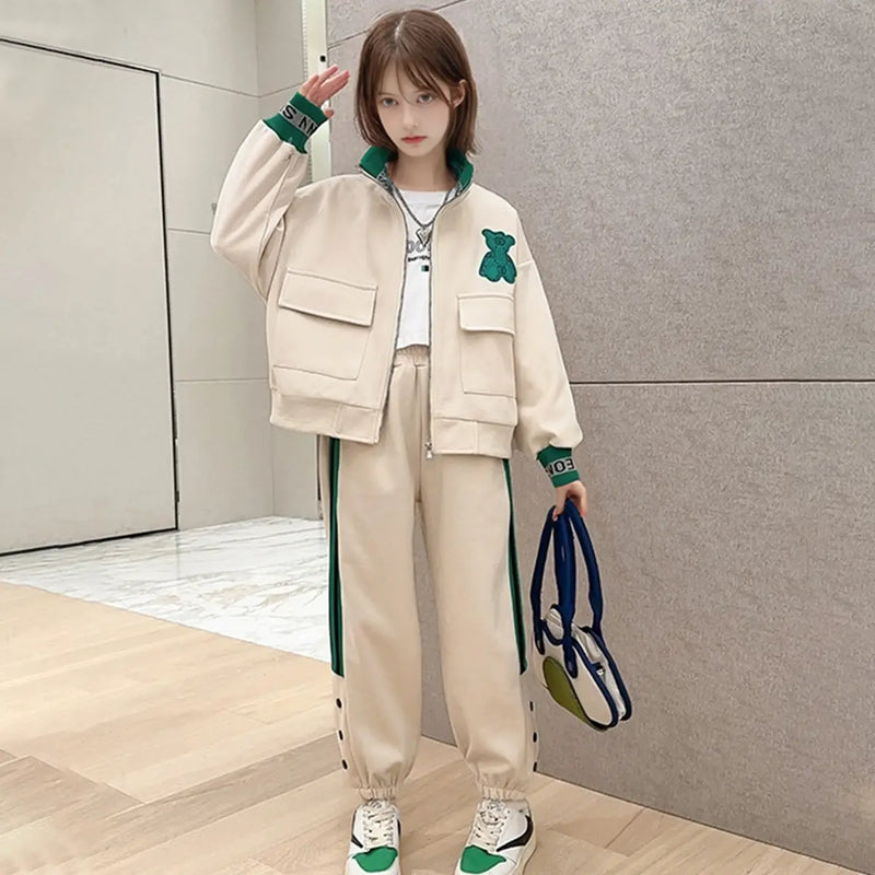 Girls Beige Bear Embroidered Zipper Jacket With Jogger Co-ord Sets Sets Beige 5-6 Y