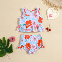 Girls Sky Blue Floral Printed Peplum Top With Briefs Swimwear Sets Sets Sky Blue 1-2 Y