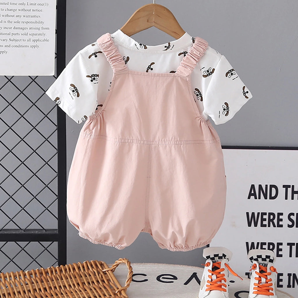 Boys Light Pink Animal Motif Short Sleeve T-Shirt With Dungaree Sets 2 pc. Sets
