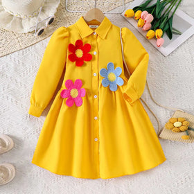 Girls Yellow Solid Flowers Appliqued Shirt Dress Casual Dresses Yellow 3-4 Y