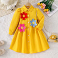Girls Yellow Solid Flowers Appliqued Shirt Dress Casual Dresses Yellow 3-4 Y