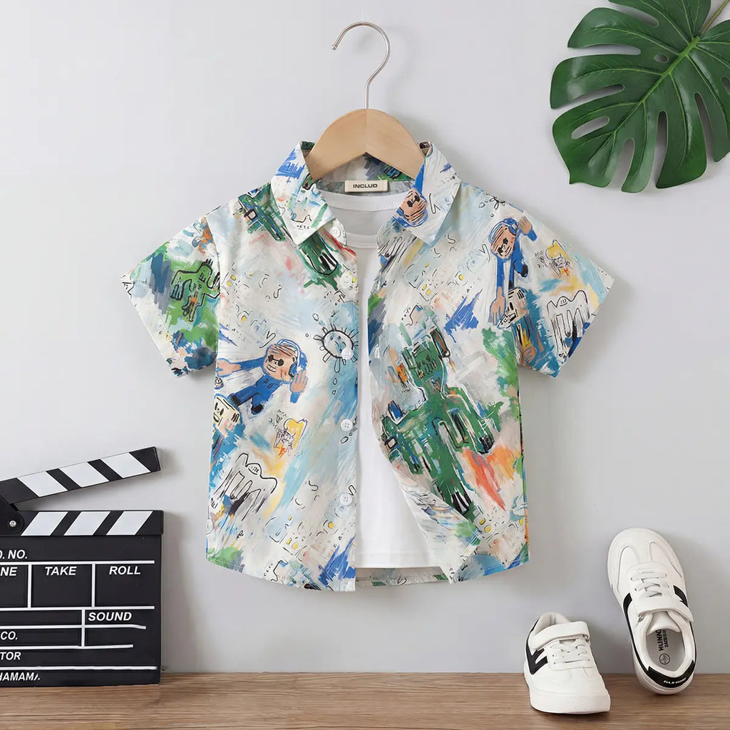Boys Multicolor Robot Cartoon Printed Short Sleeves Shirt Shirts Multicolor 1-2 Y