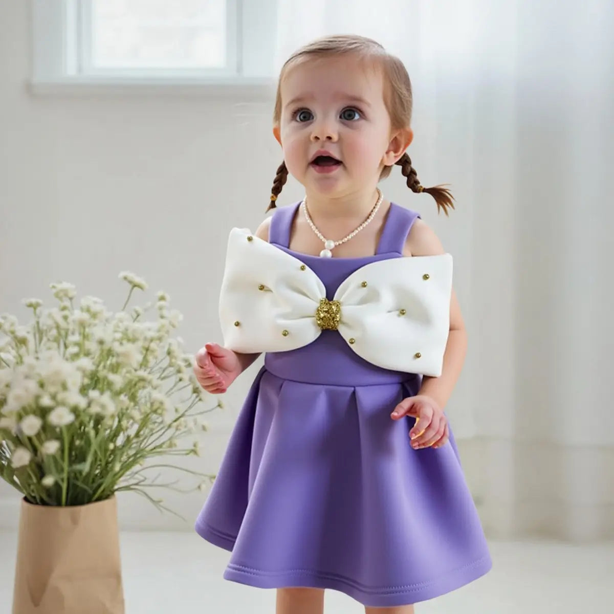 Girls Purple Sleeveless Fit & Flare Party Wear Dress With Embellished Bow Applique Party Dresses