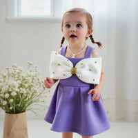 Girls Purple Sleeveless Fit & Flare Party Wear Dress With Embellished Bow Applique Party Dresses