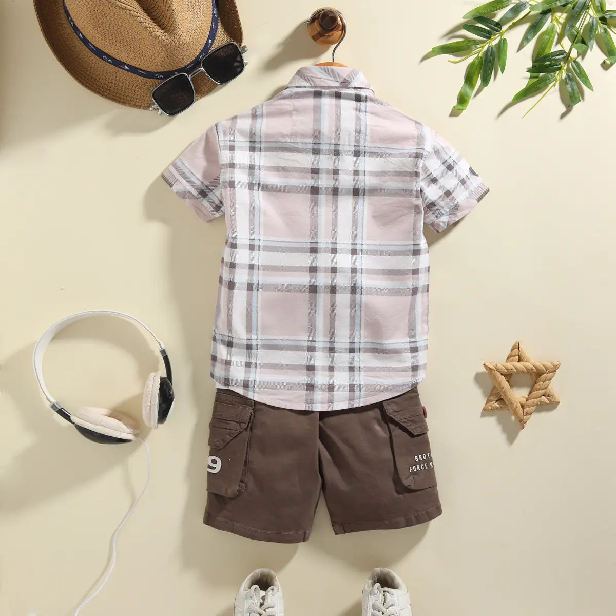 Boys Multicolor Checked Short Sleeves Shirt With Cargo Shorts & T-Shirt Sets Sets