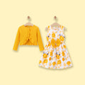 Girls Yellow Floral Print Sleeveless Fit & Flare Dress With Shrug Casual Dresses Yellow 3-4 Y