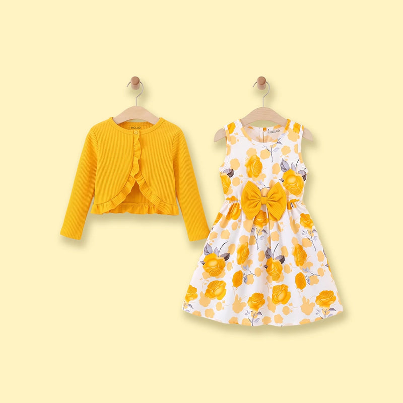 Girls Yellow Floral Print Sleeveless Fit & Flare Dress With Shrug Casual Dresses Yellow 3-4 Y