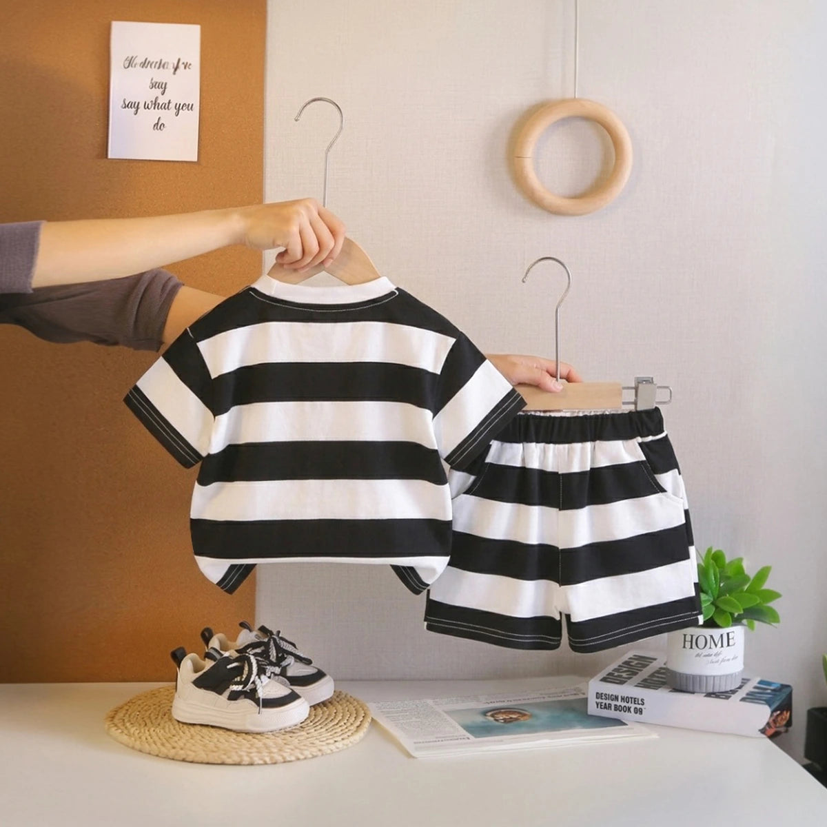 Boys Black Rocket Fries Striped T-Shirt With Elasticated Shorts Sets 2 pc. Sets