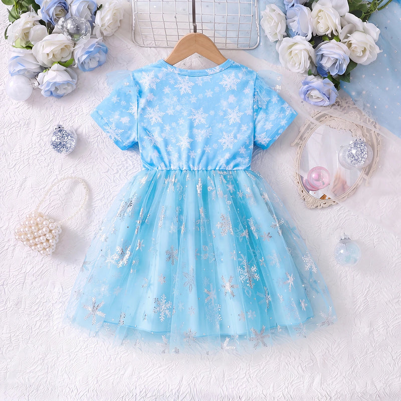 Girls Blue Graphic Short Sleeve Fit & Flare Dress Casual Dresses