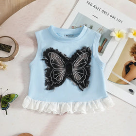 Girls Light Blue Butterfly Applique Sleeveless Top With Embellished Denim Shorts Set Sets