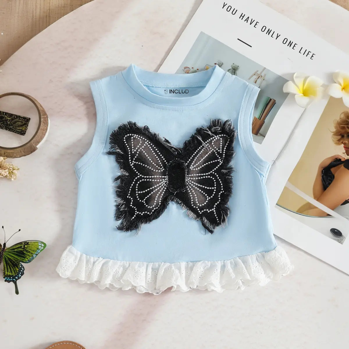 Girls Light Blue Butterfly Applique Sleeveless Top With Embellished Denim Shorts Set Sets