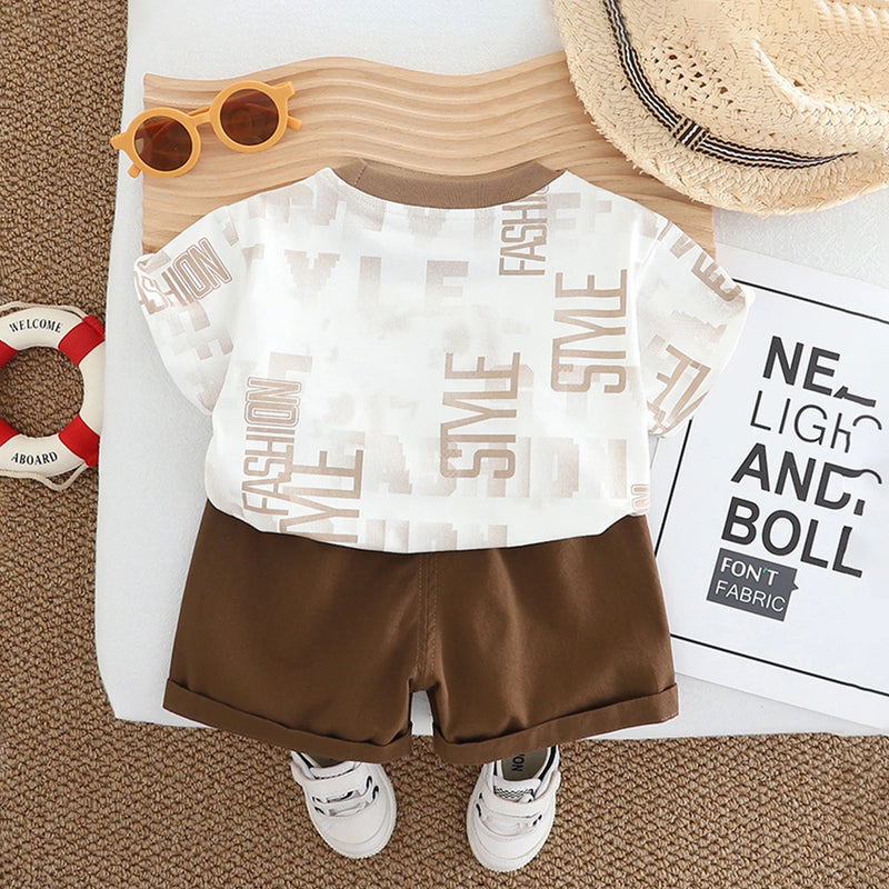 Boys Brown Typographic Printed Short Sleeve T-Shirt With Shorts Sets 2 pc. Sets