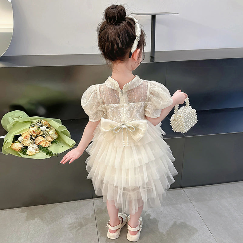 Girls Apricot Embroidered Multilayer Tulle Overlay Party Wear Dress Party Dresses