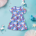 Girls Short Sleeve Unicorn Printed Dress Casual Dresses Blue 1-2 Y 