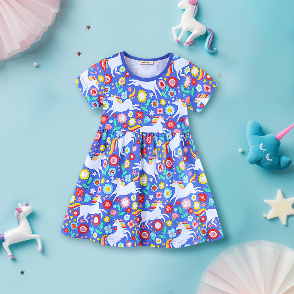 Girls Short Sleeve Unicorn Printed Dress