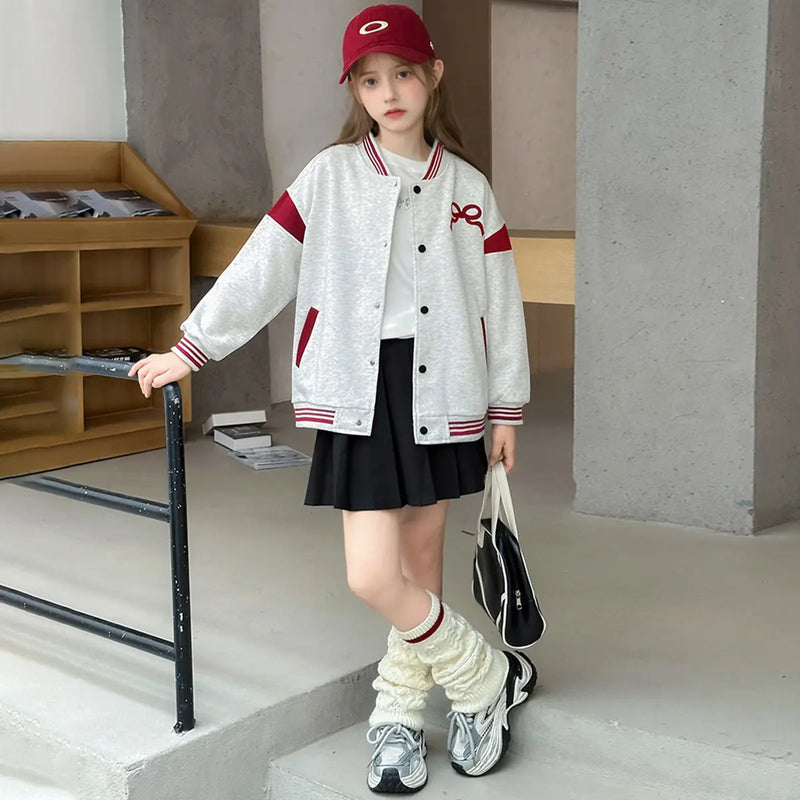 Girls Light Grey Bow Printed Varsity Jacket Coats & Jackets