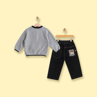 Boys Grey Textured Sweatshirt With Denim Pants Sets Sets