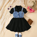 Girls Black Puff Sleeve Layered Dress With Denim Jacket Casual Dresses Black 2-3 Y
