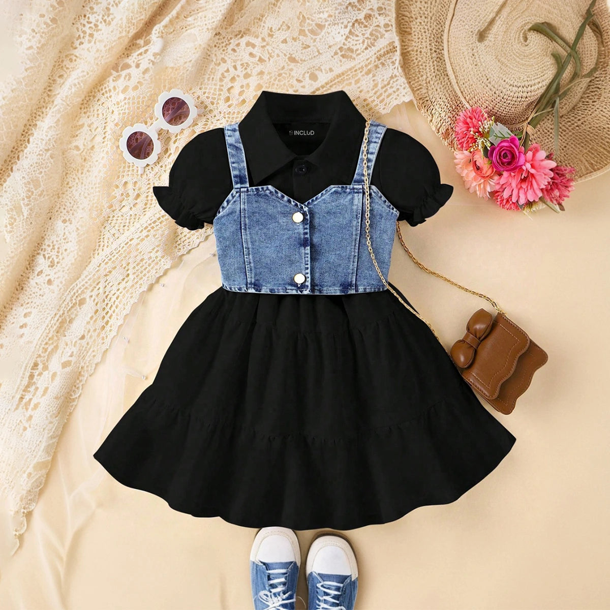 Girls Black Puff Sleeve Layered Dress With Denim Jacket Casual Dresses Black 2-3 Y