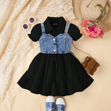 Girls Black Puff Sleeve Layered Dress With Denim Jacket