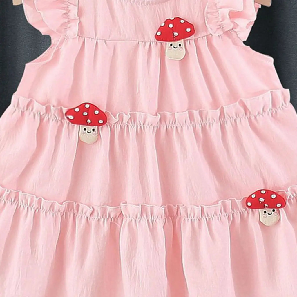 Girls Light Pink Mushroom Applique Short Sleeve Tiered Dress Casual Dresses