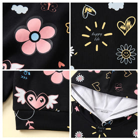 Girls Black Floral Print Long Sleeve Hooded Jacket Coats & Jackets