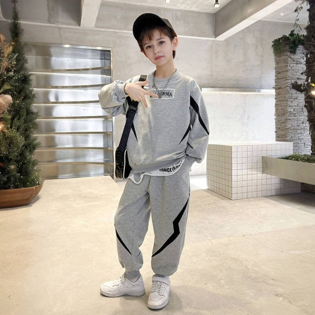 Boys Grey Typographic Printed Winter Sweatshirt With Jogger Set 2 pc. Sets