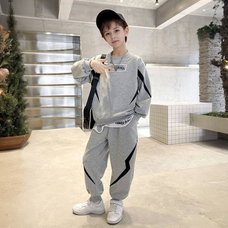 Boys Grey Typographic Printed Winter Sweatshirt With Jogger Set 2 pc. Sets