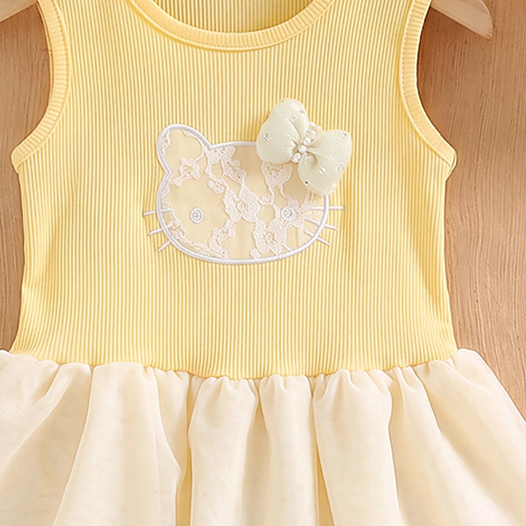 Girls Yellow Textured Kitty Applique Sleeveless Dress Casual Dresses