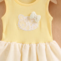 Girls Yellow Textured Kitty Applique Sleeveless Dress Casual Dresses