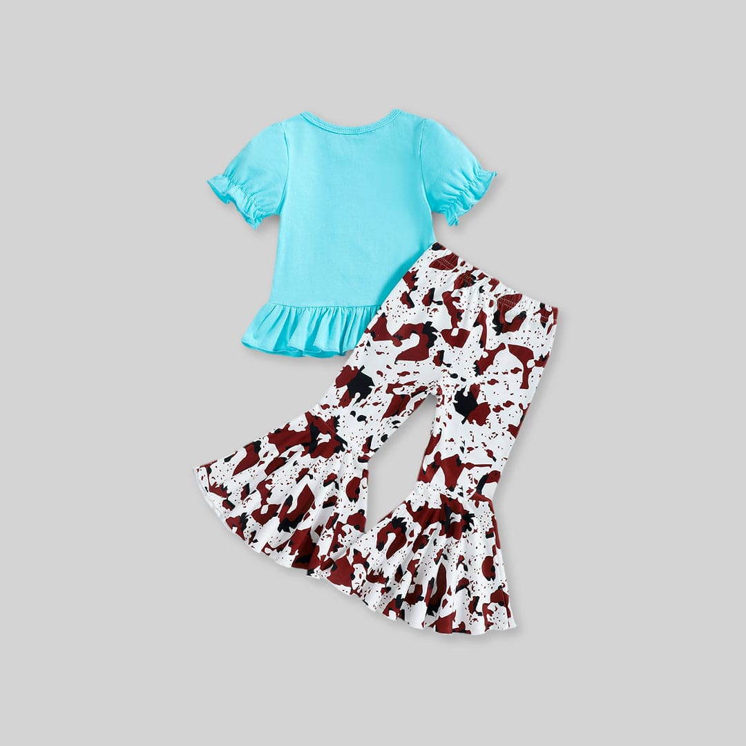 Girls Puff Sleeve Top With Printed Wide Leg Pants Sets   