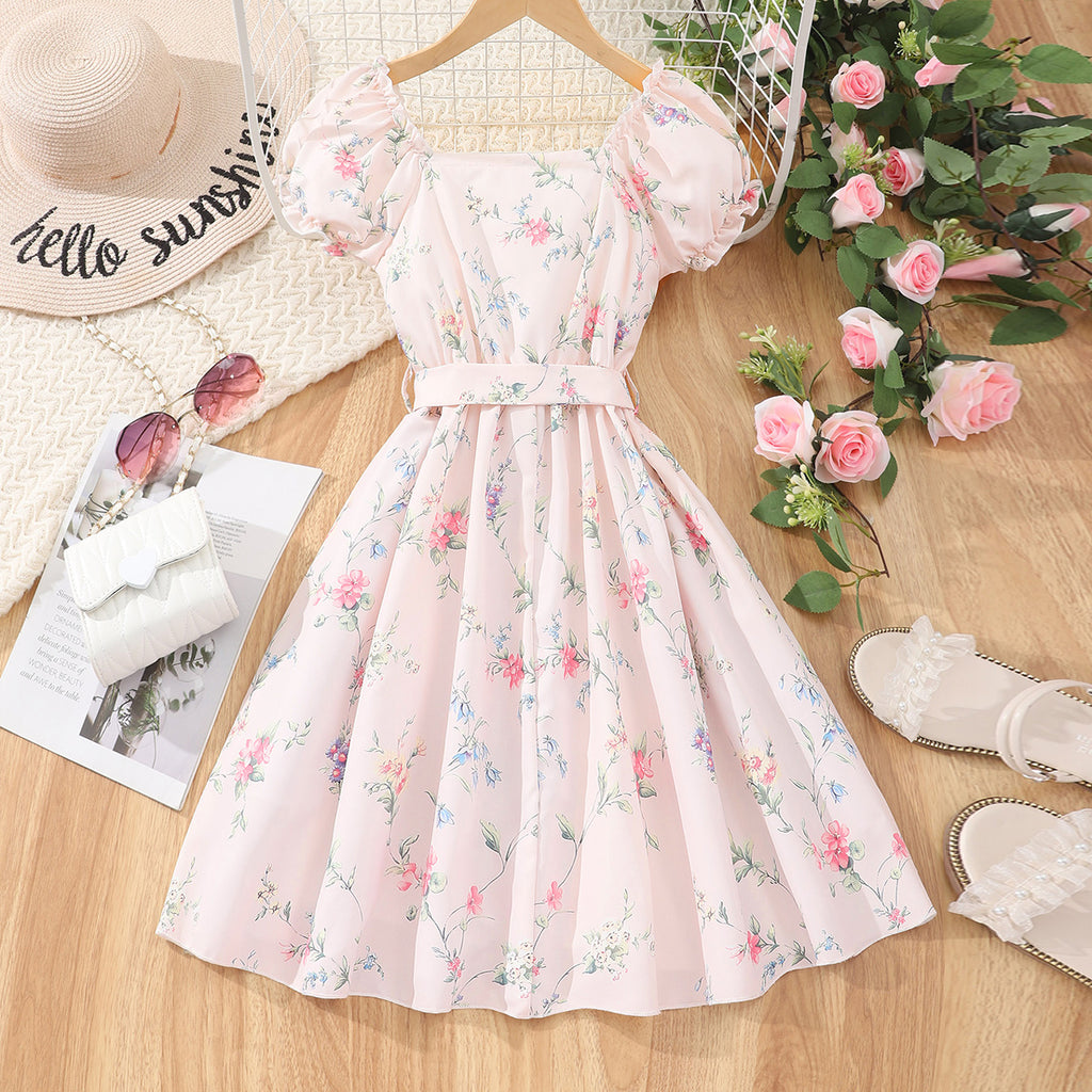 Girls Pink Floral Print Off-Shoulder Dress Casual Dresses