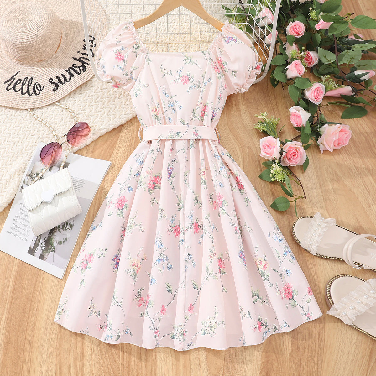 Girls Pink Floral Print Off-Shoulder Dress Casual Dresses