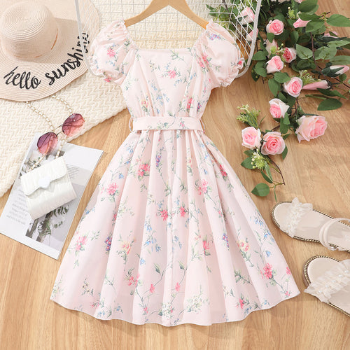 Girls Pink Floral Print Off-Shoulder Dress Casual Dresses