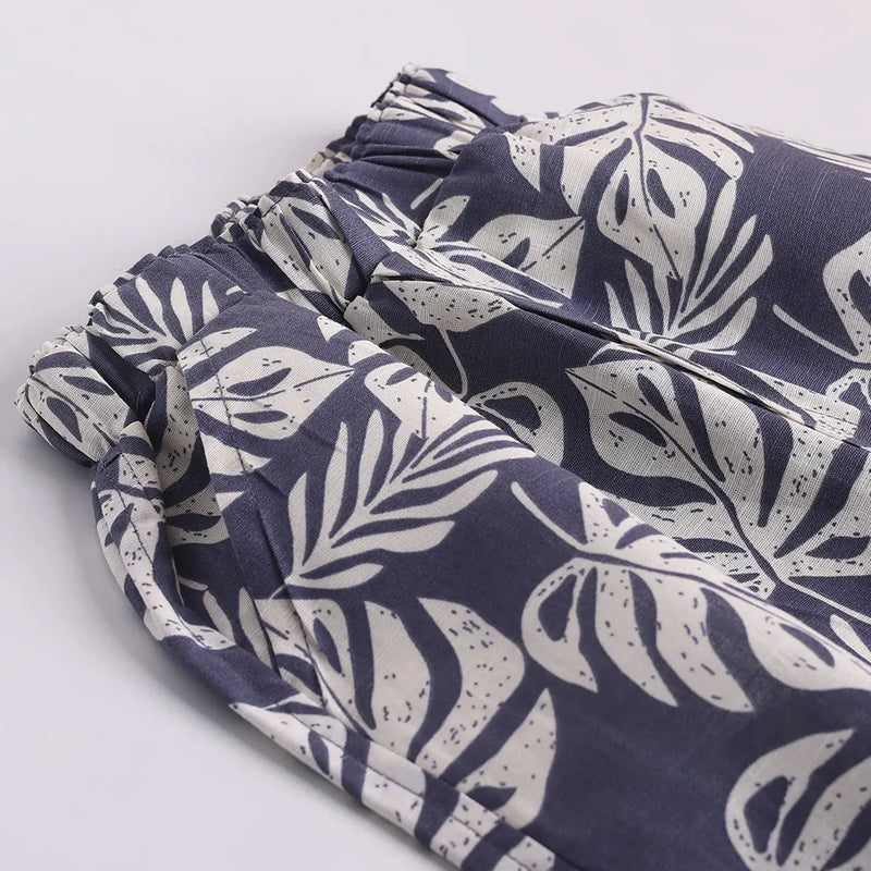 Boys Grey Leaf Printed Short Sleeve Shirt With Elasticated Shorts Sets 2 pc. Sets