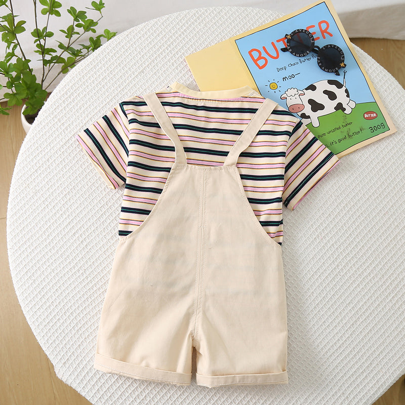 Boys Off-White Striped T-shirt with Puppy Patch Dungaree Set Sets