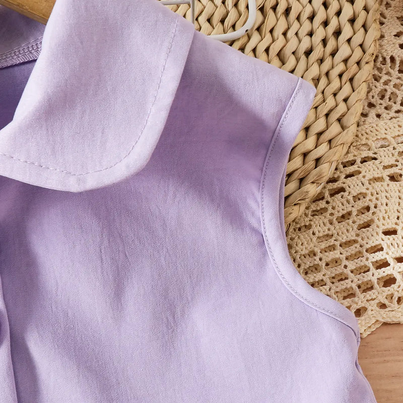Girls Purple Sleeveless Ruffled Top With Embroidered Denim Pants Set Sets