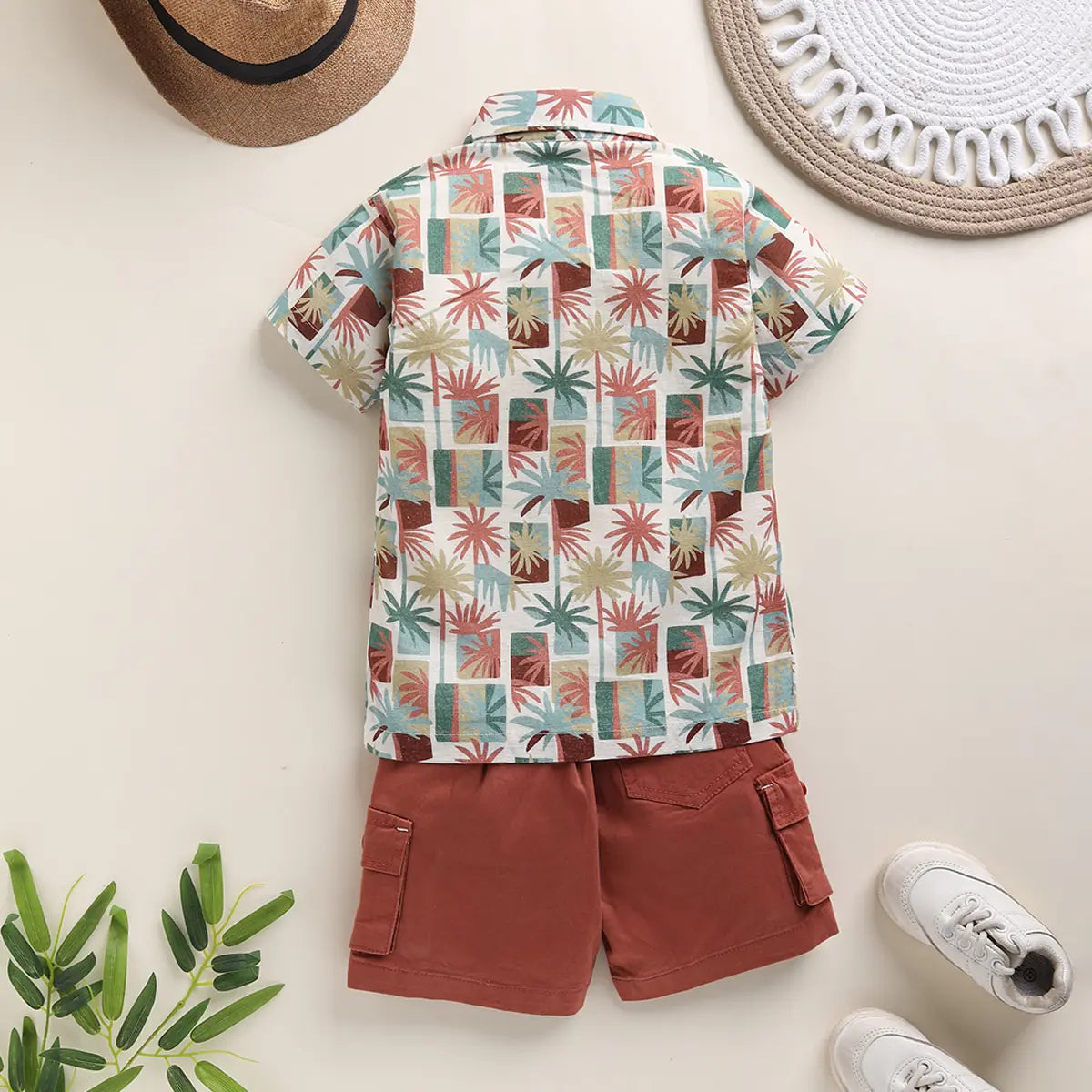 Boys Brown Tropical Print Shirt With Printed T-Shirt And Twill Shorts Sets 3 pc. Sets