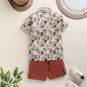 Boys Brown Tropical Print Shirt With Printed T-Shirt And Twill Shorts Sets 3 pc. Sets