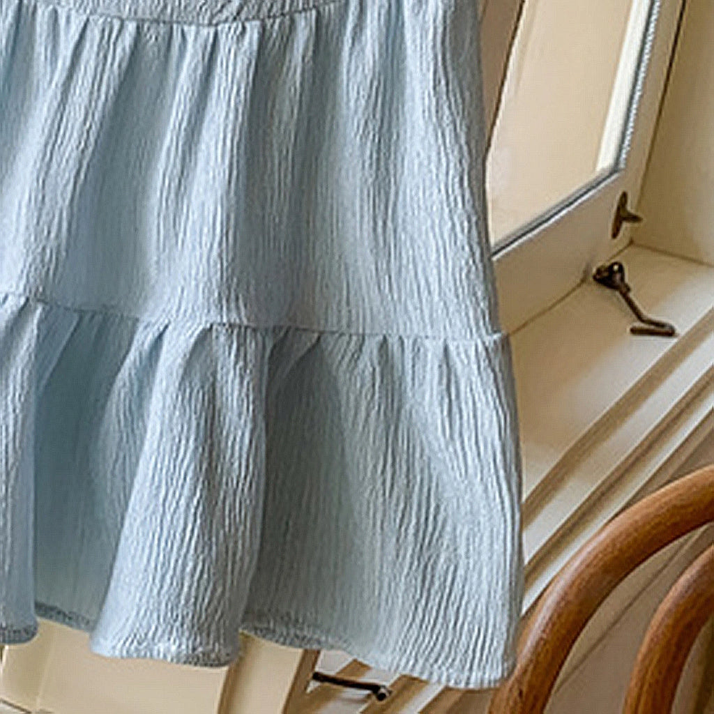 Girls Light Blue Textured Tiered Dress With Puff Sleeves Casual Dresses
