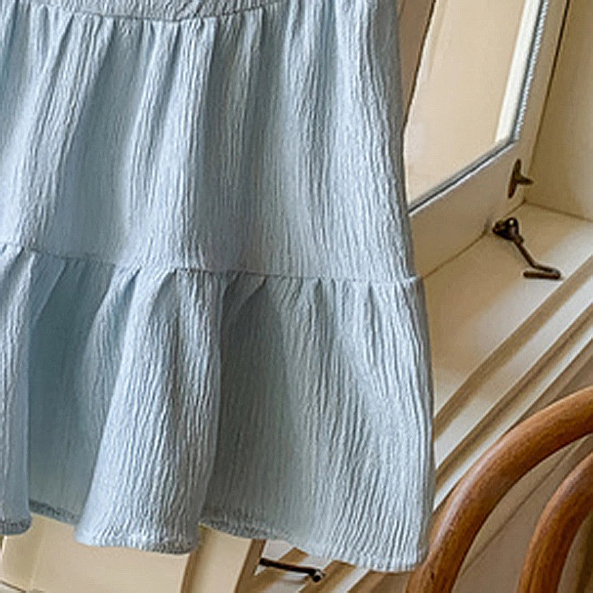 Girls Light Blue Textured Tiered Dress With Puff Sleeves Casual Dresses