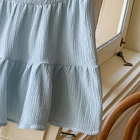 Girls Light Blue Textured Tiered Dress With Puff Sleeves Casual Dresses