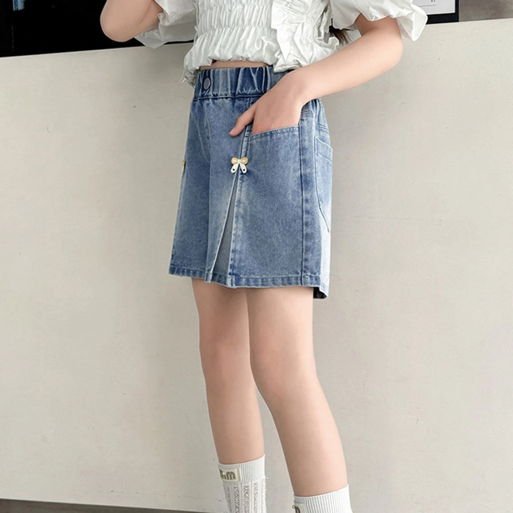 Girls Light Blue Bow Applique Loose Fit Denim Shorts Shorts