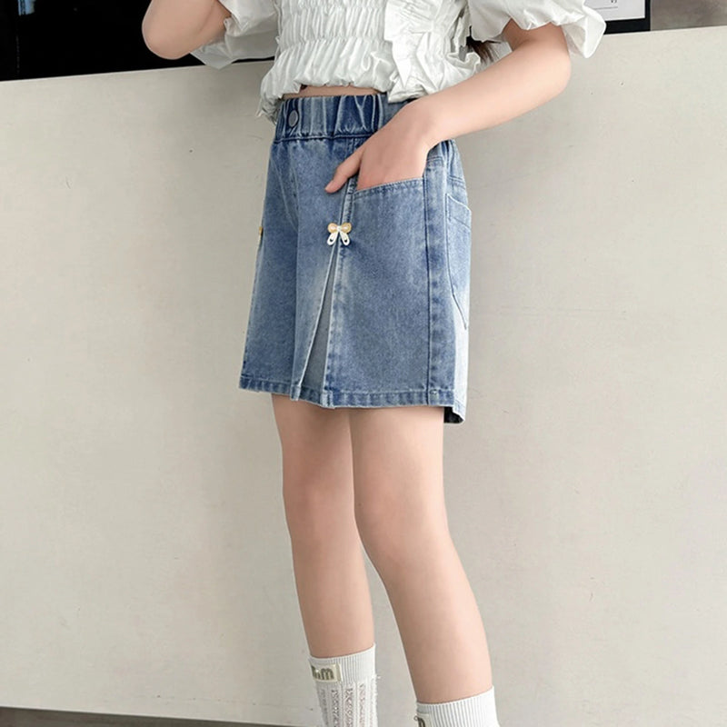 Girls Light Blue Bow Applique Loose Fit Denim Shorts Shorts