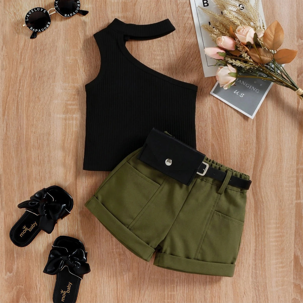 Girls Black Ribbed One-Shoulder Top With Elasticated Shorts Sets 2 pc. Sets Black 1-2 Y