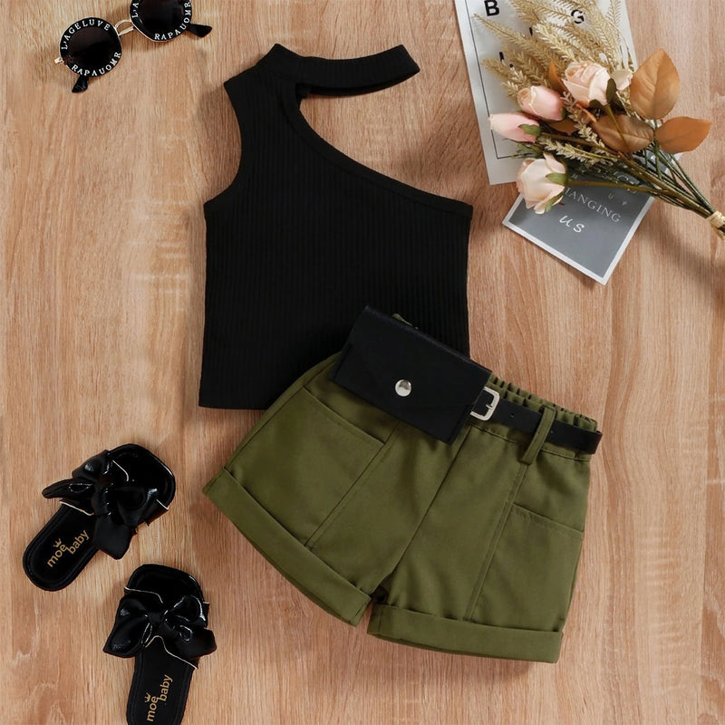 Girls Black Ribbed One-Shoulder Top With Elasticated Shorts Sets 2 pc. Sets Black 1-2 Y
