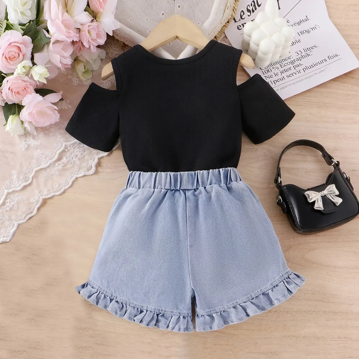 Girls Black Bow Applique Cold-Shoulder Top With Denim Shorts Sets 2 pc. Sets